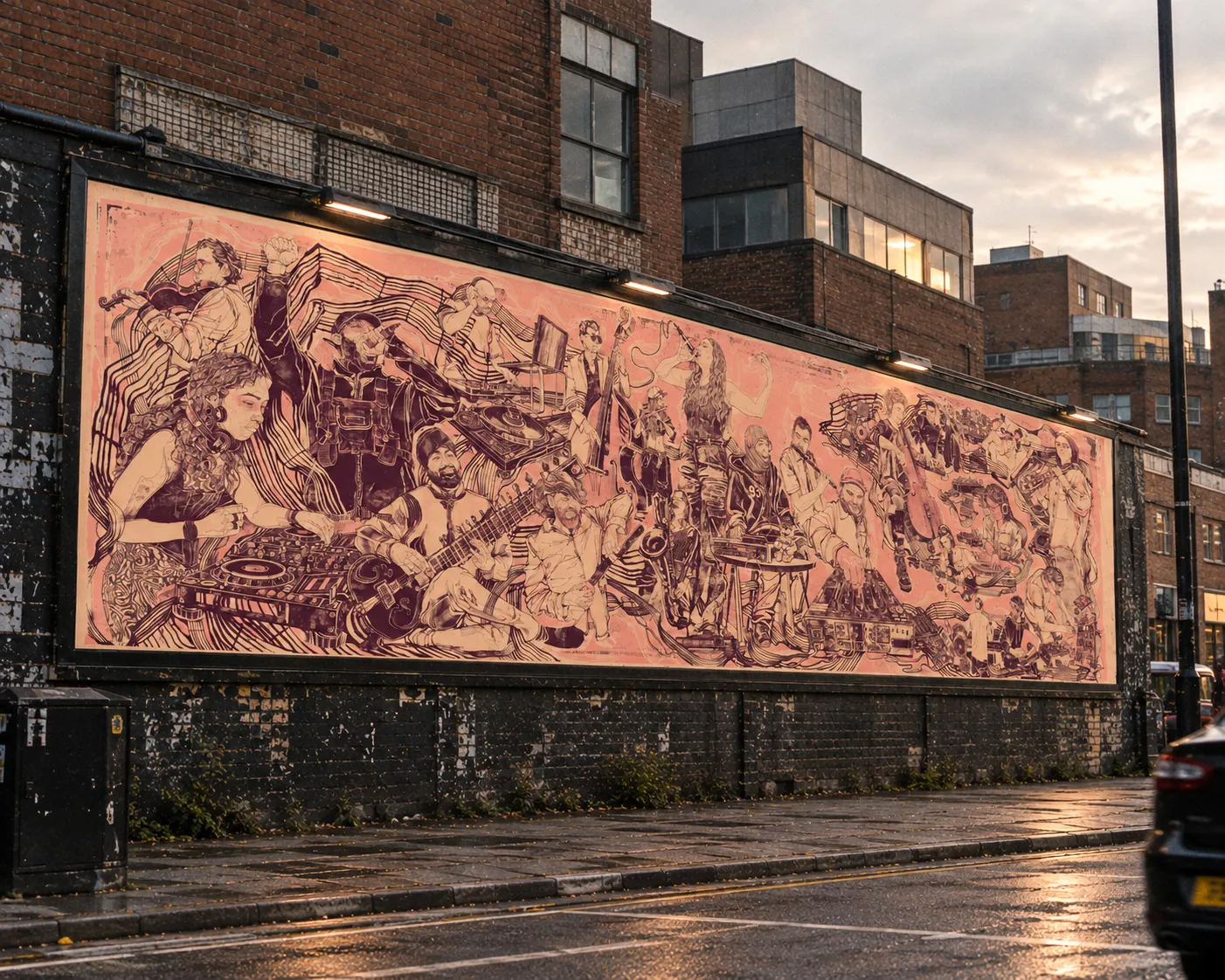 The Leeds Scenes mural installed along a wall beside a Leeds street, on a wet evening.