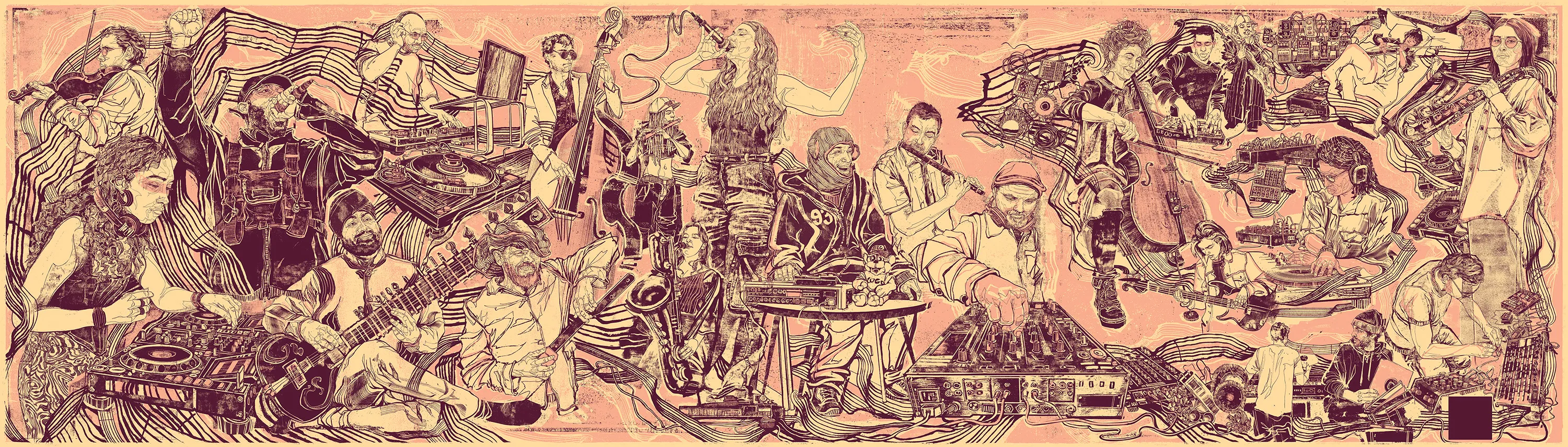 The whole mural: a crowded, flowing line drawing of musicians, DJs and producers in deep maroon on peach.