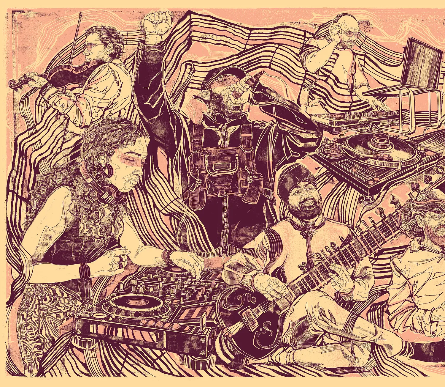 Detail of the mural: two musicians playing among swirling lines.
