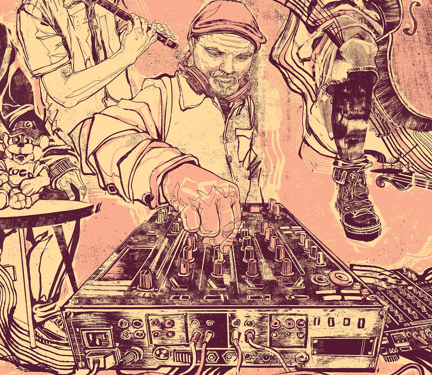 Detail of the mural: a DJ leaning over the decks.