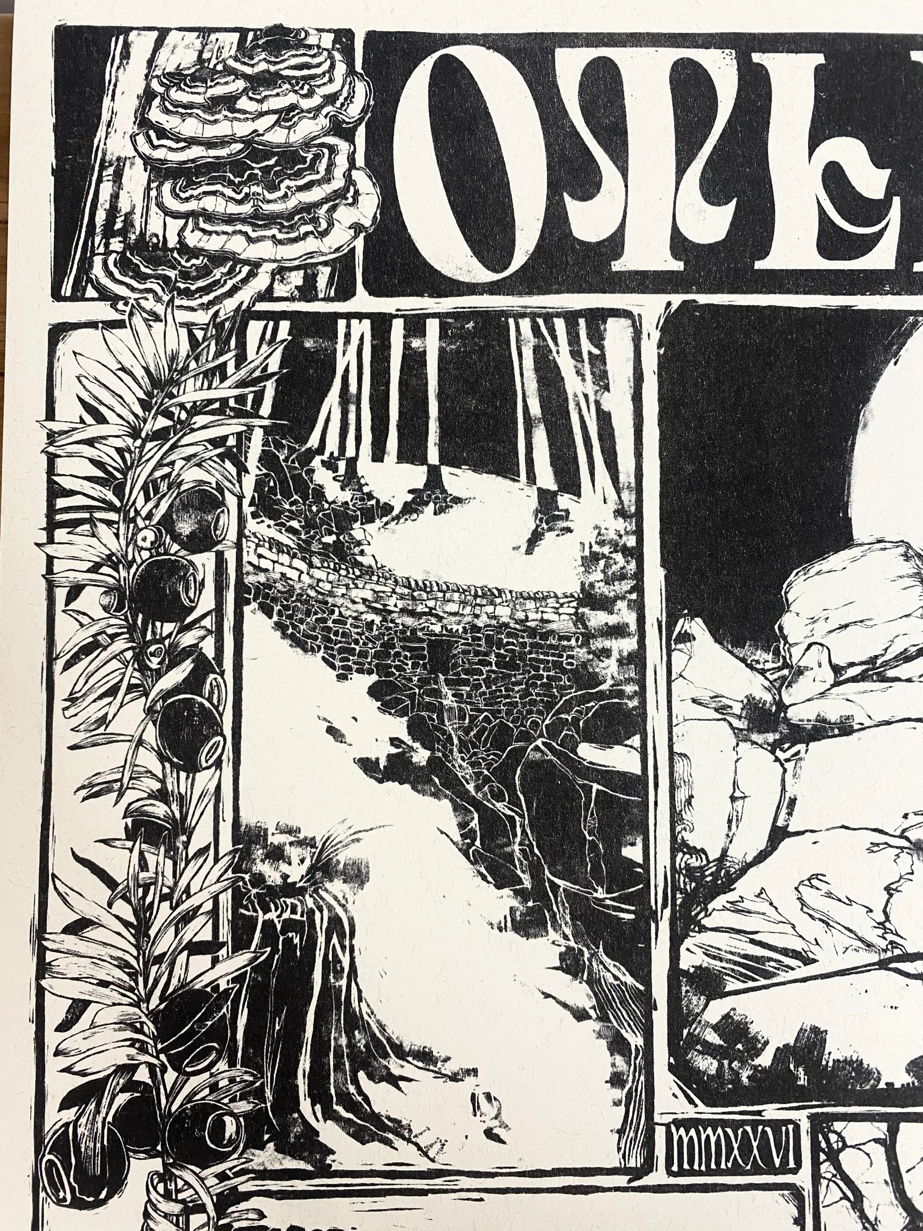 Close-up of the print: the OTLEY lettering above a wooded stream.
