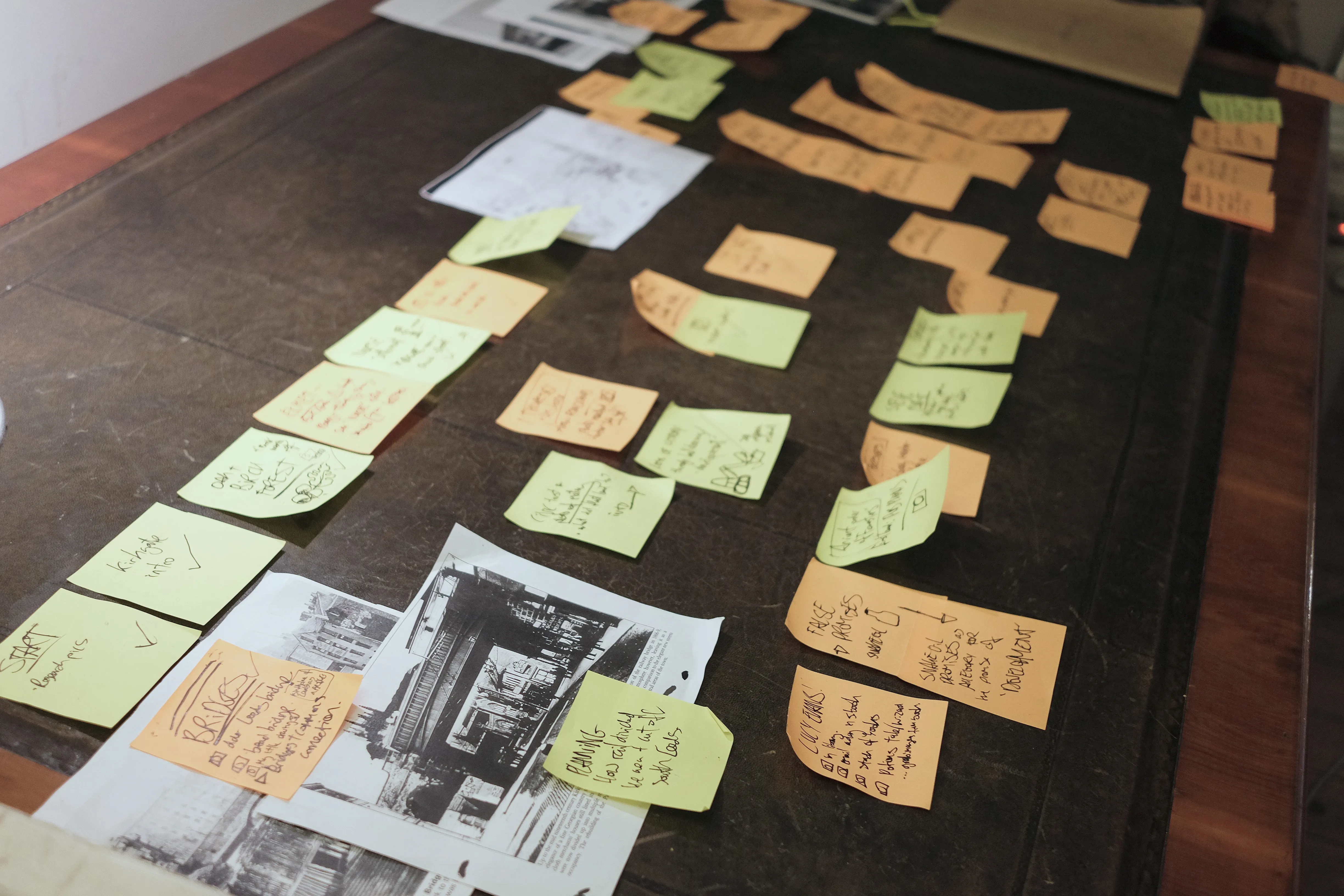 Planning: rows of handwritten sticky notes laid out beside printed photos.