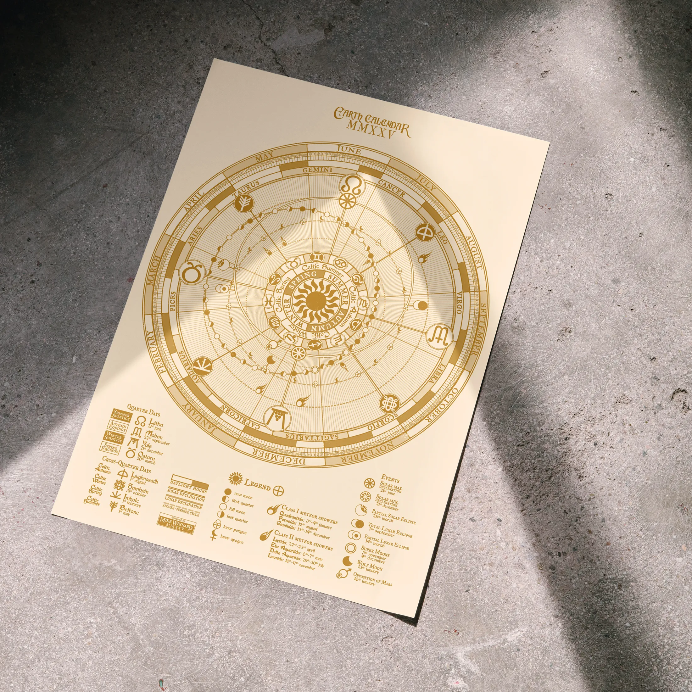 The gold-on-cream edition of the calendar on the same concrete floor.