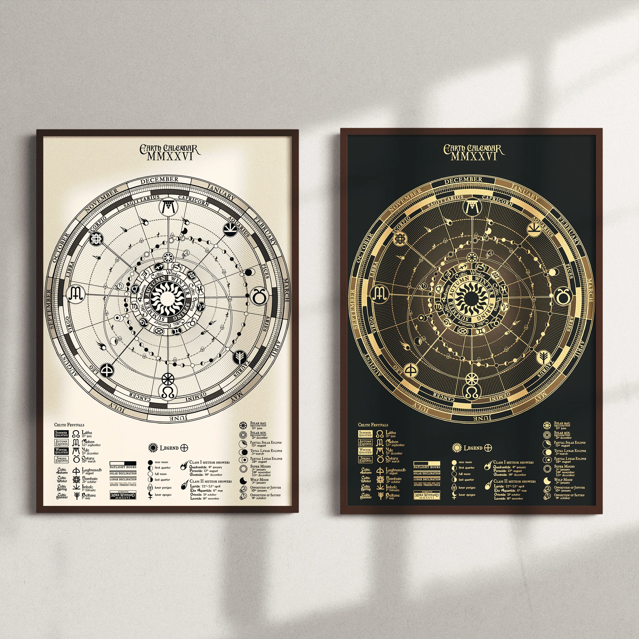 The black and the gold editions framed side by side on a pale wall.