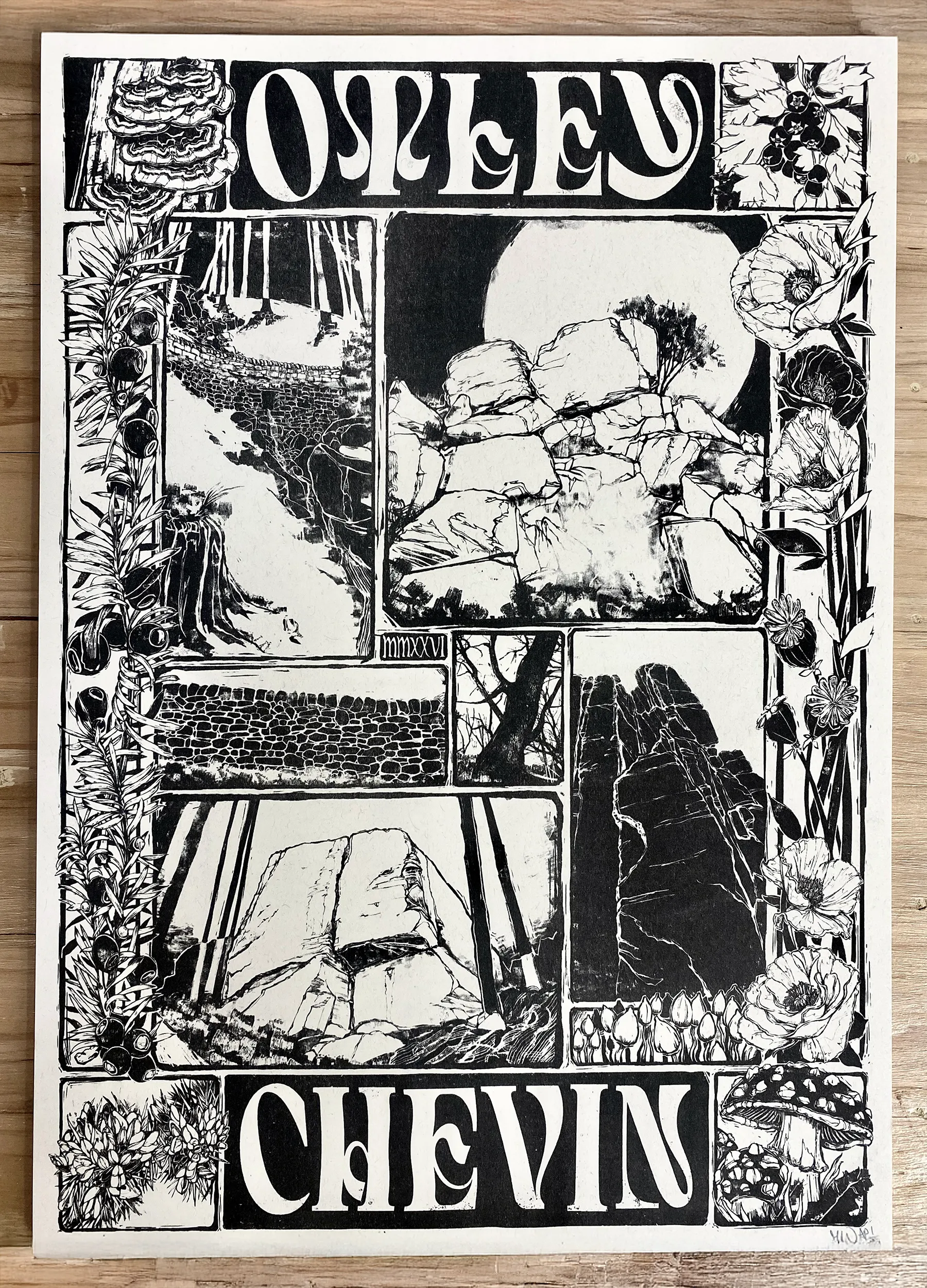 The Otley Chevin print: black-and-white panels of woodland, rocks and the moon, framed by flowers and mushrooms, with OTLEY and CHEVIN lettered top and bottom.