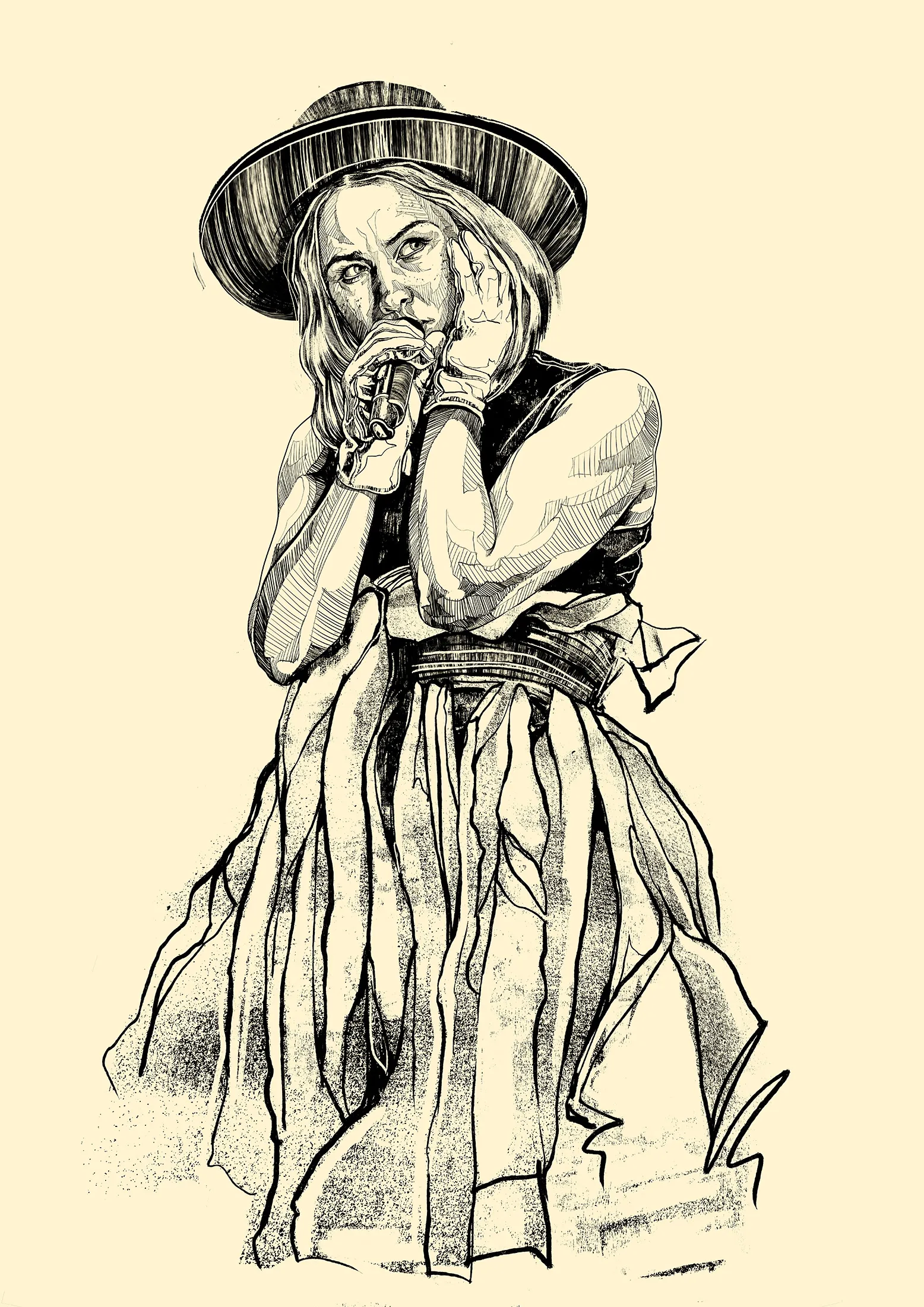 Ink portrait of a singer in a wide-brimmed hat and long skirt, hand raised to her mouth.