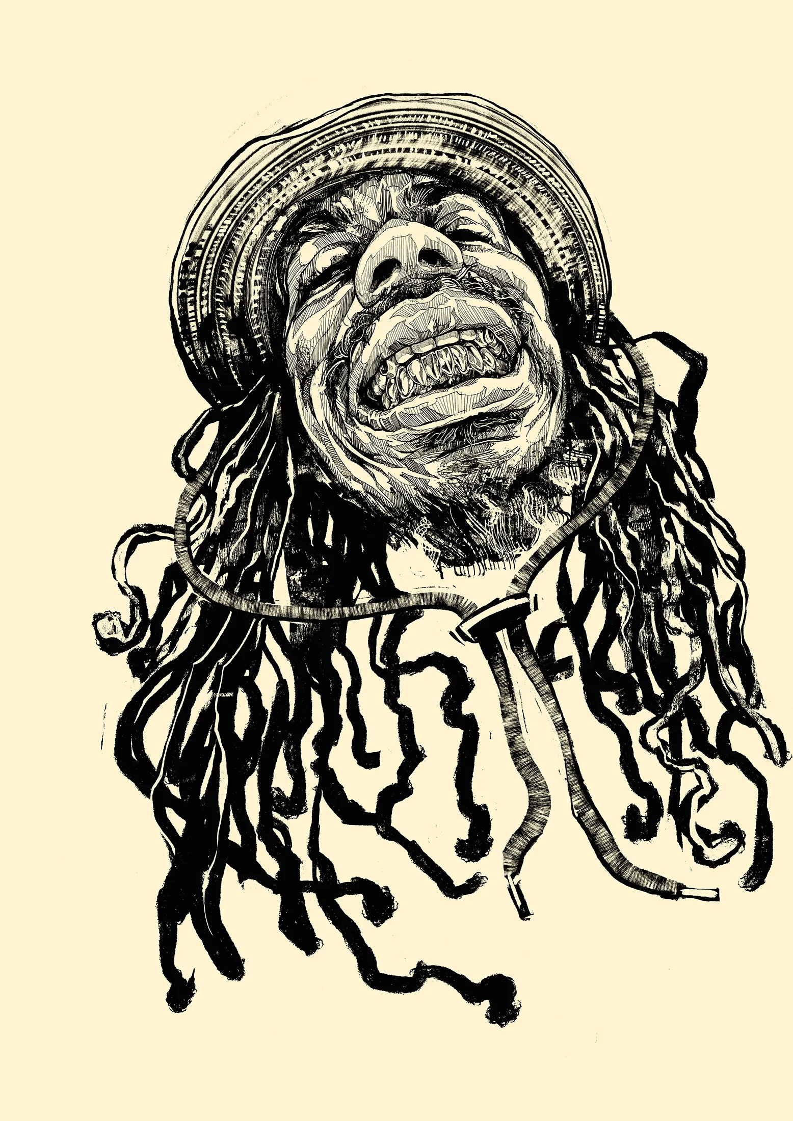 Ink portrait of Knucks laughing, head tipped back, long locs falling around him.