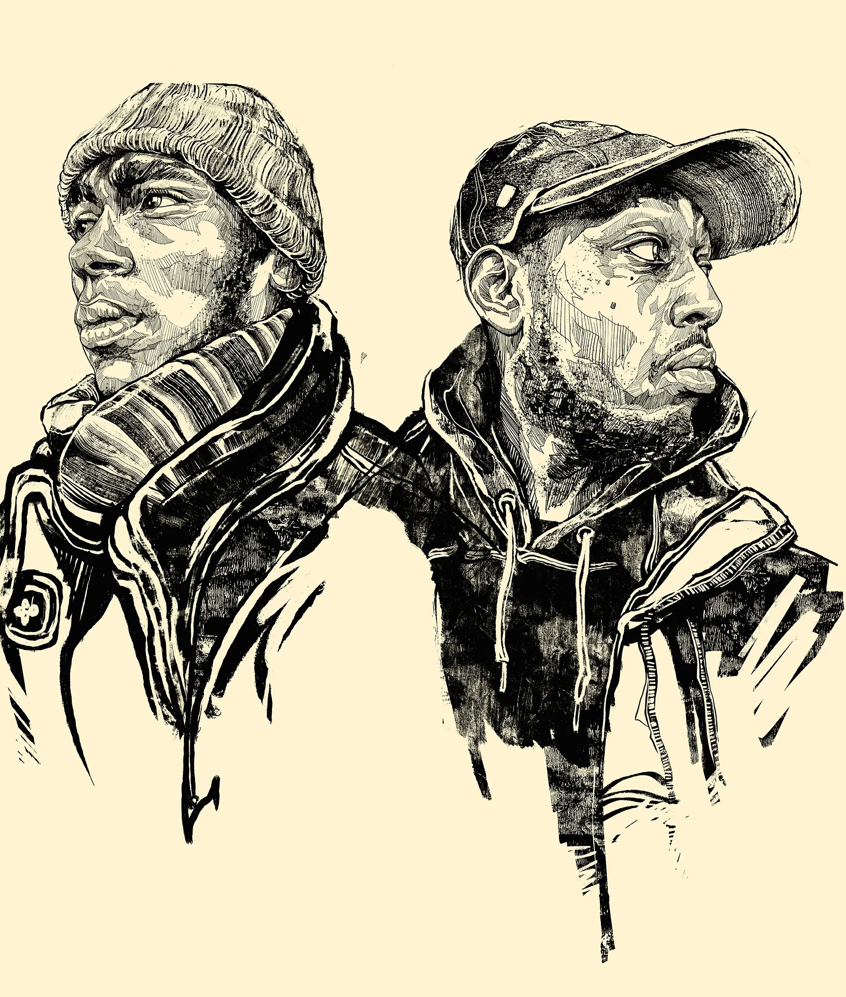 Ink portrait of two men in caps and hoodies, side by side, looking off to the left.