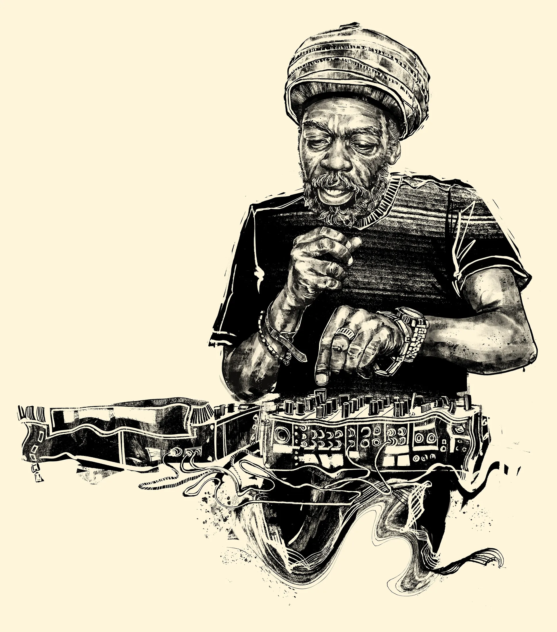 Ink portrait of a man in a knitted hat working a mixing desk.