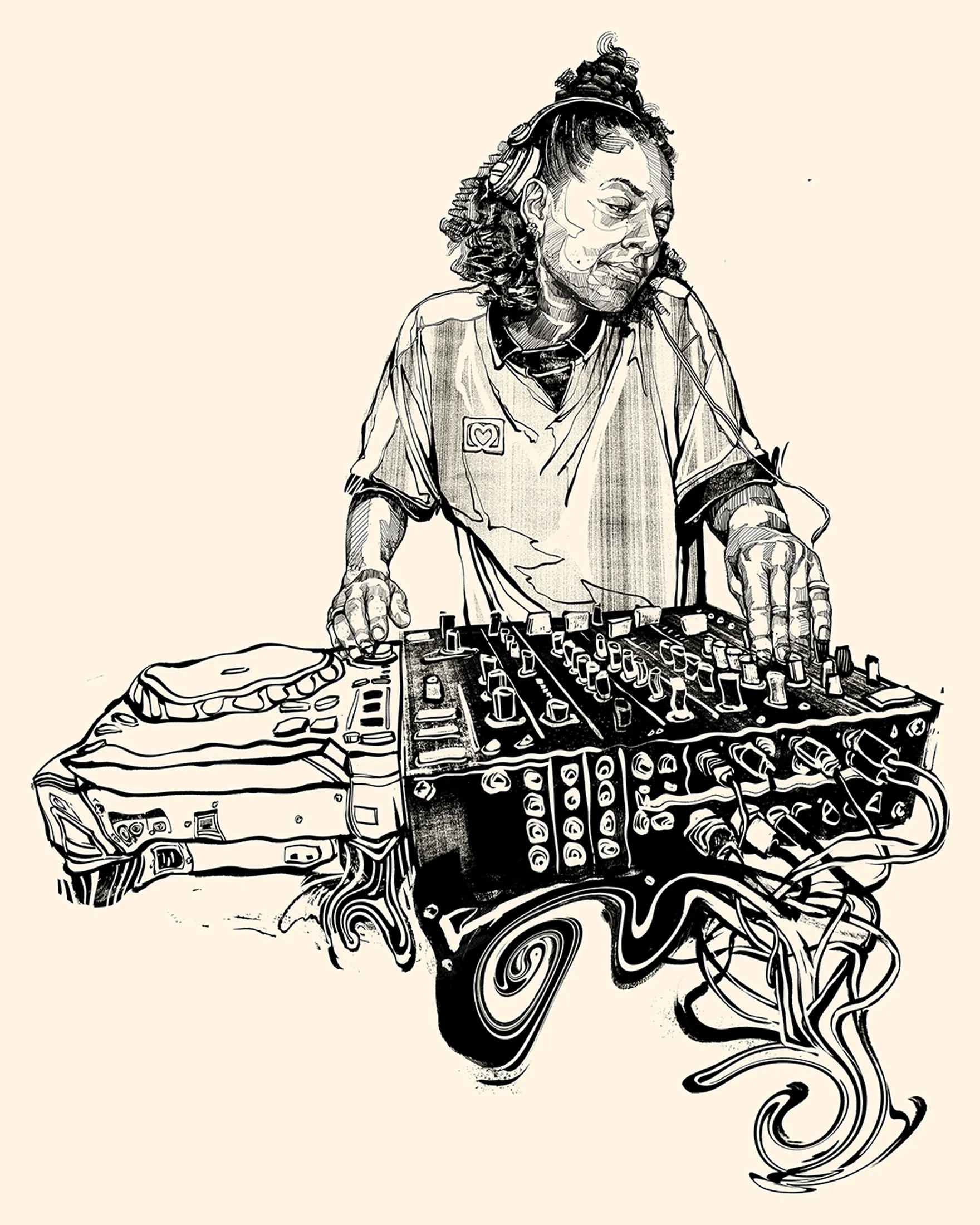 Ink drawing of a DJ at a mixer, cables curling down from the decks.