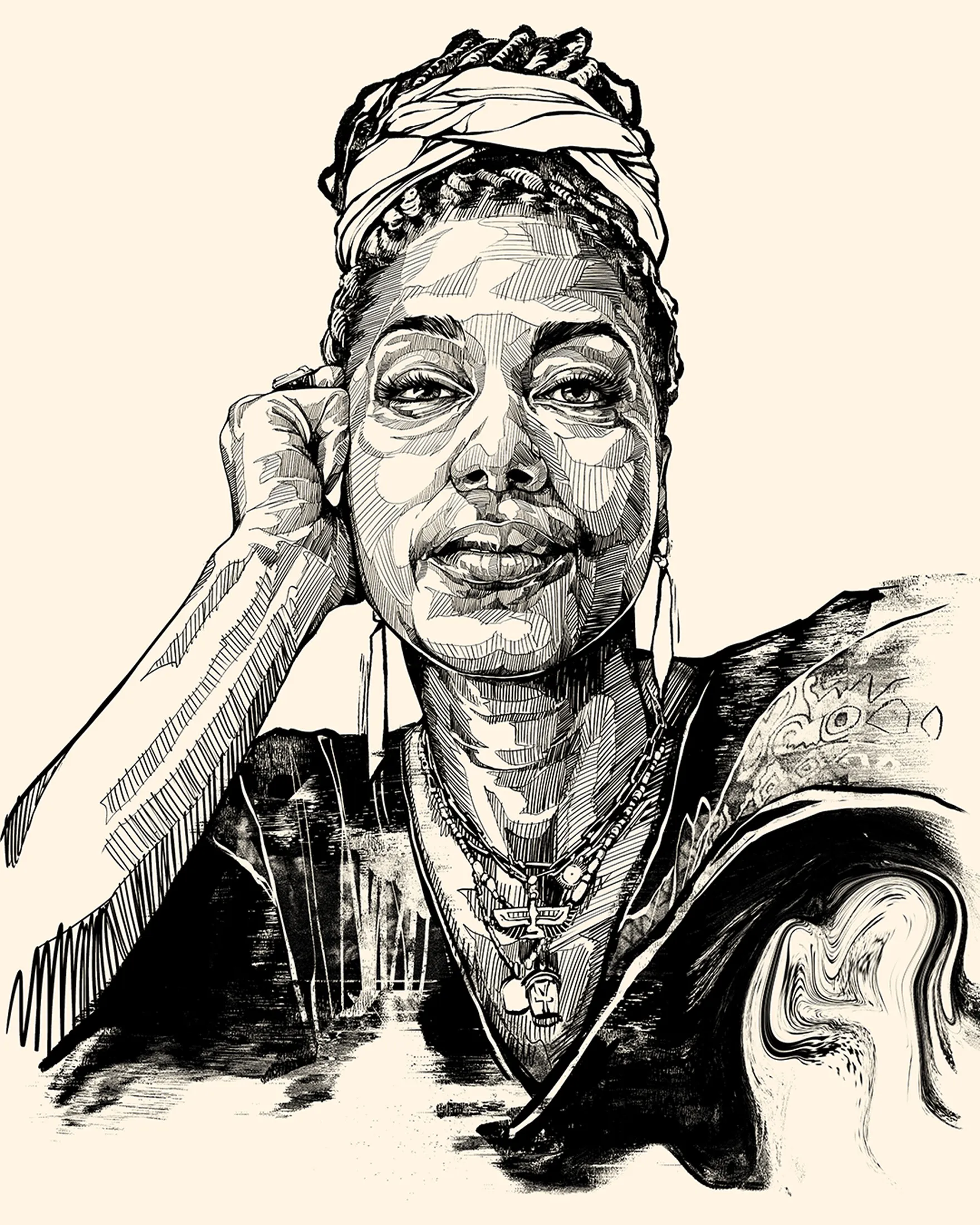 Ink portrait of a woman in a headwrap and hoop earrings, chin resting on her hand.
