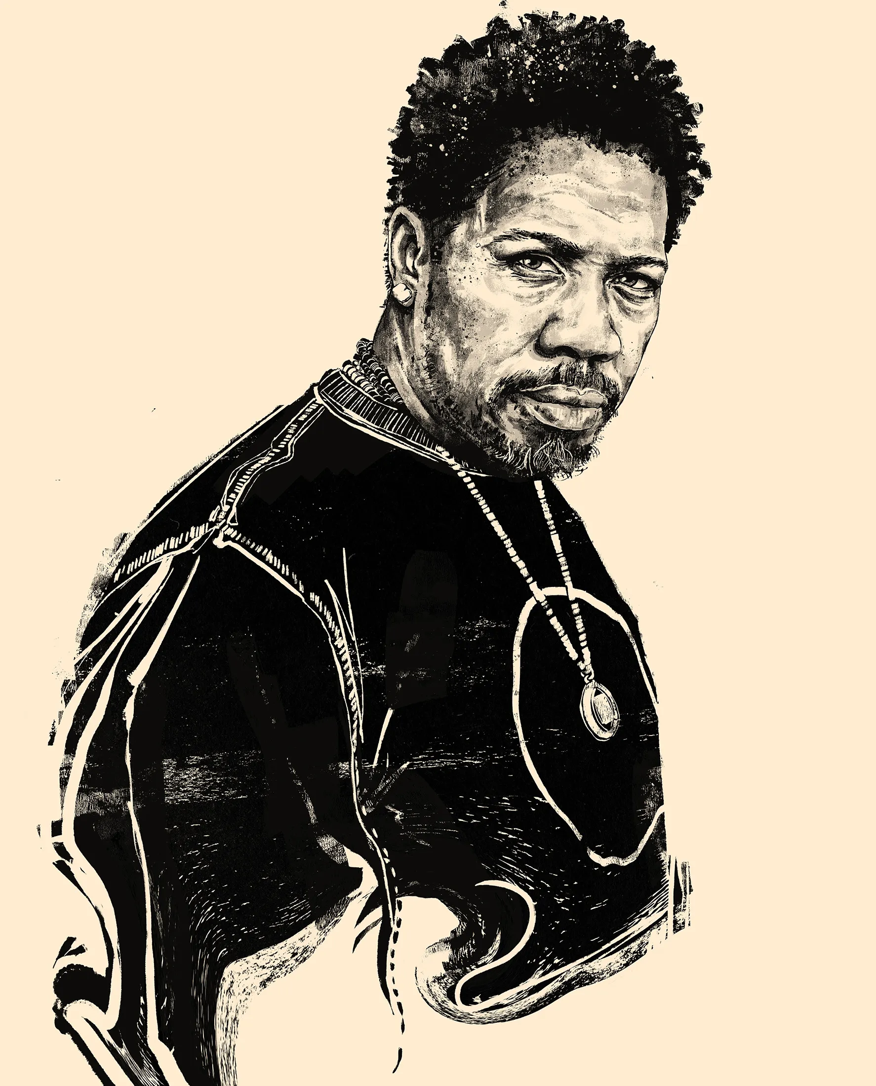 Ink portrait of a man in a dark T-shirt with a pendant, looking straight out.