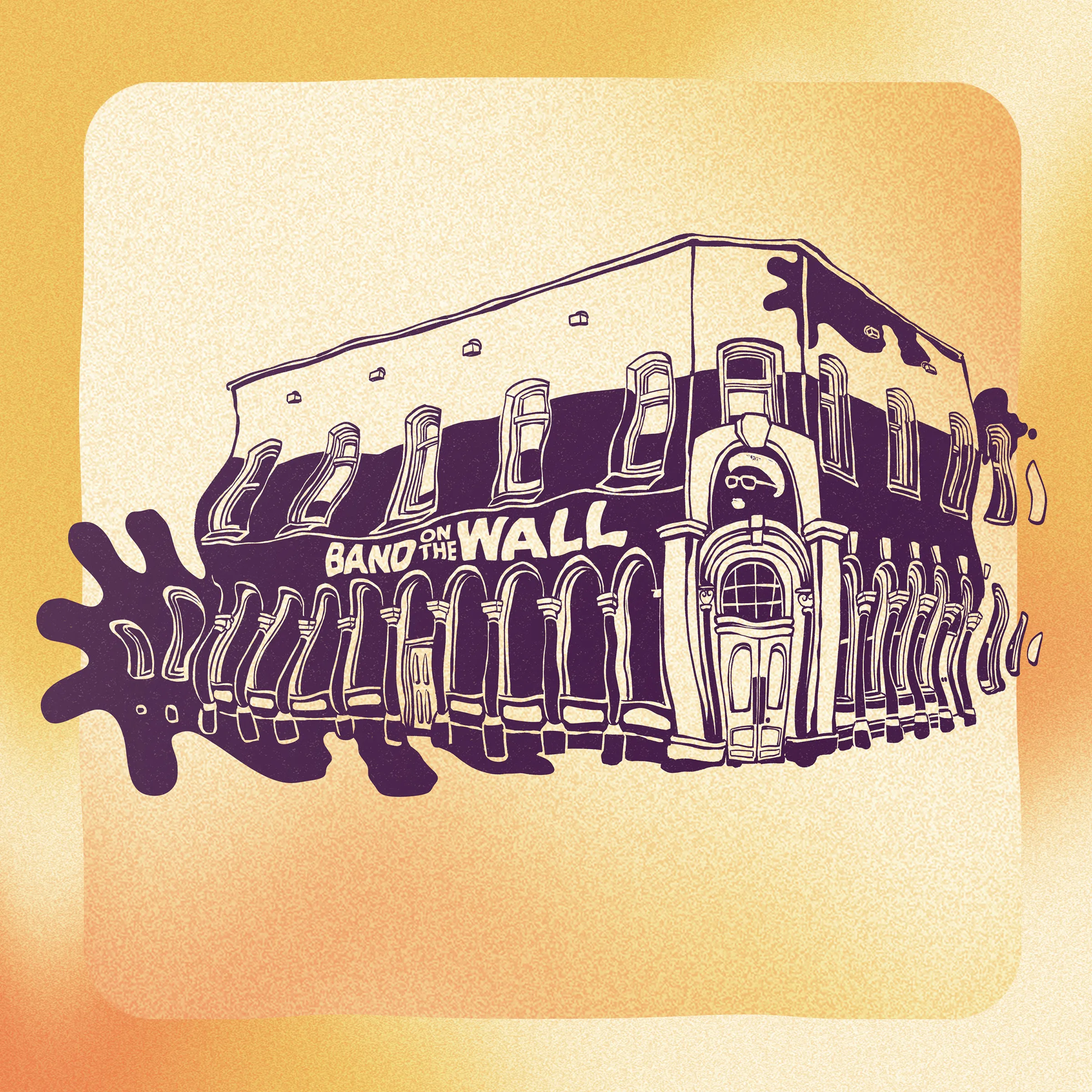 The Band on the Wall venue drawn in purple line on a soft yellow and peach gradient.