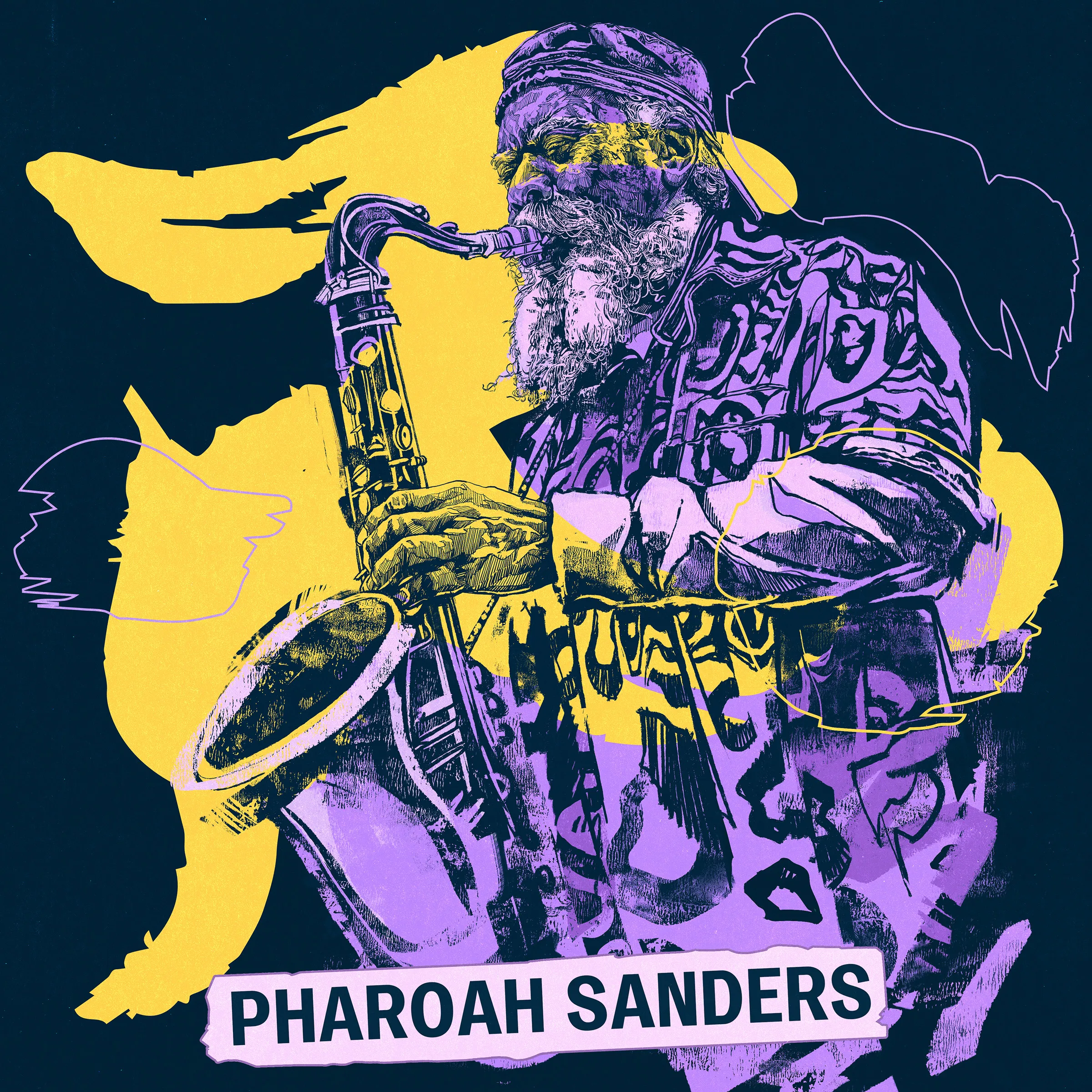 Artist card for Pharoah Sanders: the saxophonist drawn in purple against a yellow shape on navy.
