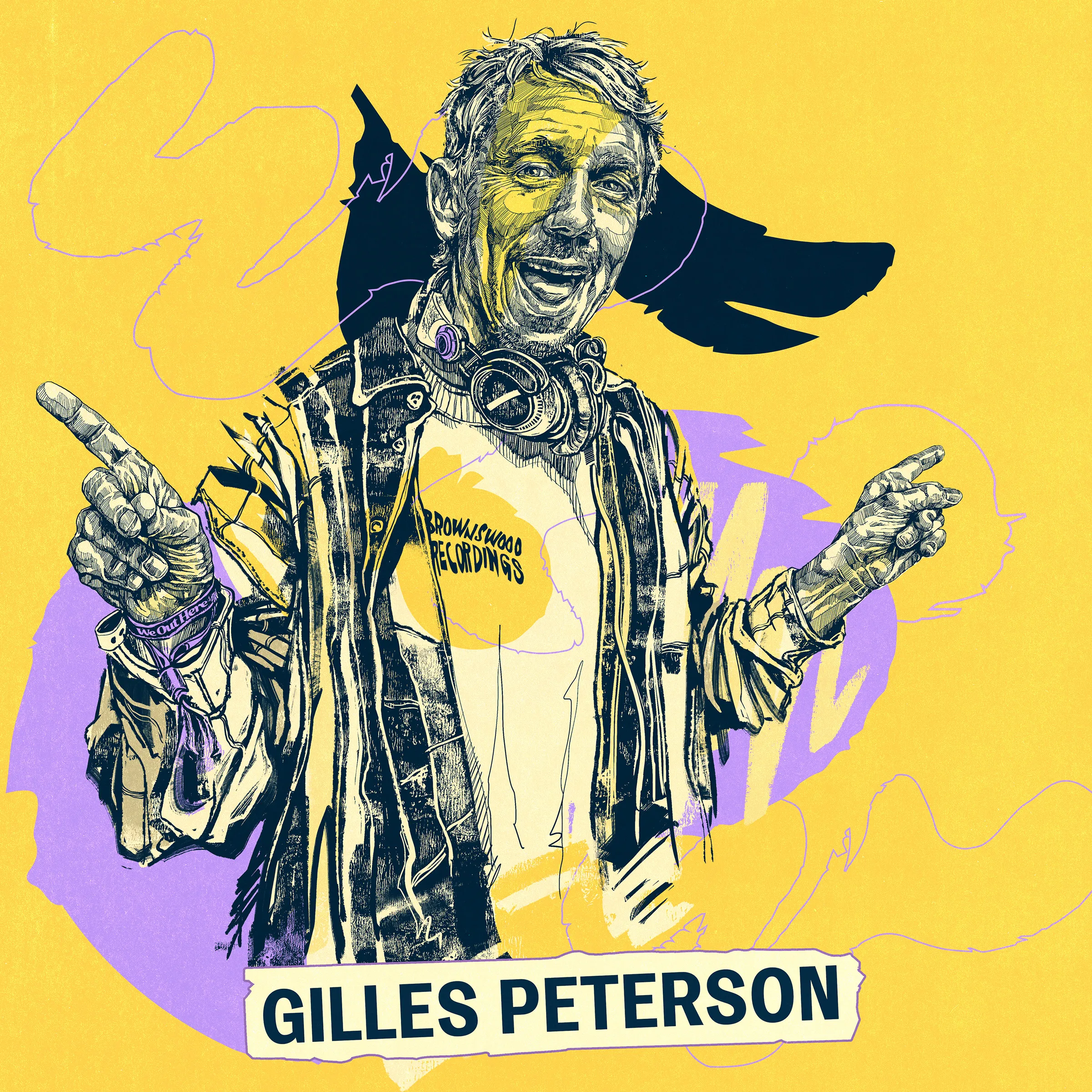 Artist card for Gilles Peterson: the DJ drawn in black, grinning and pointing, on bright yellow and lilac.
