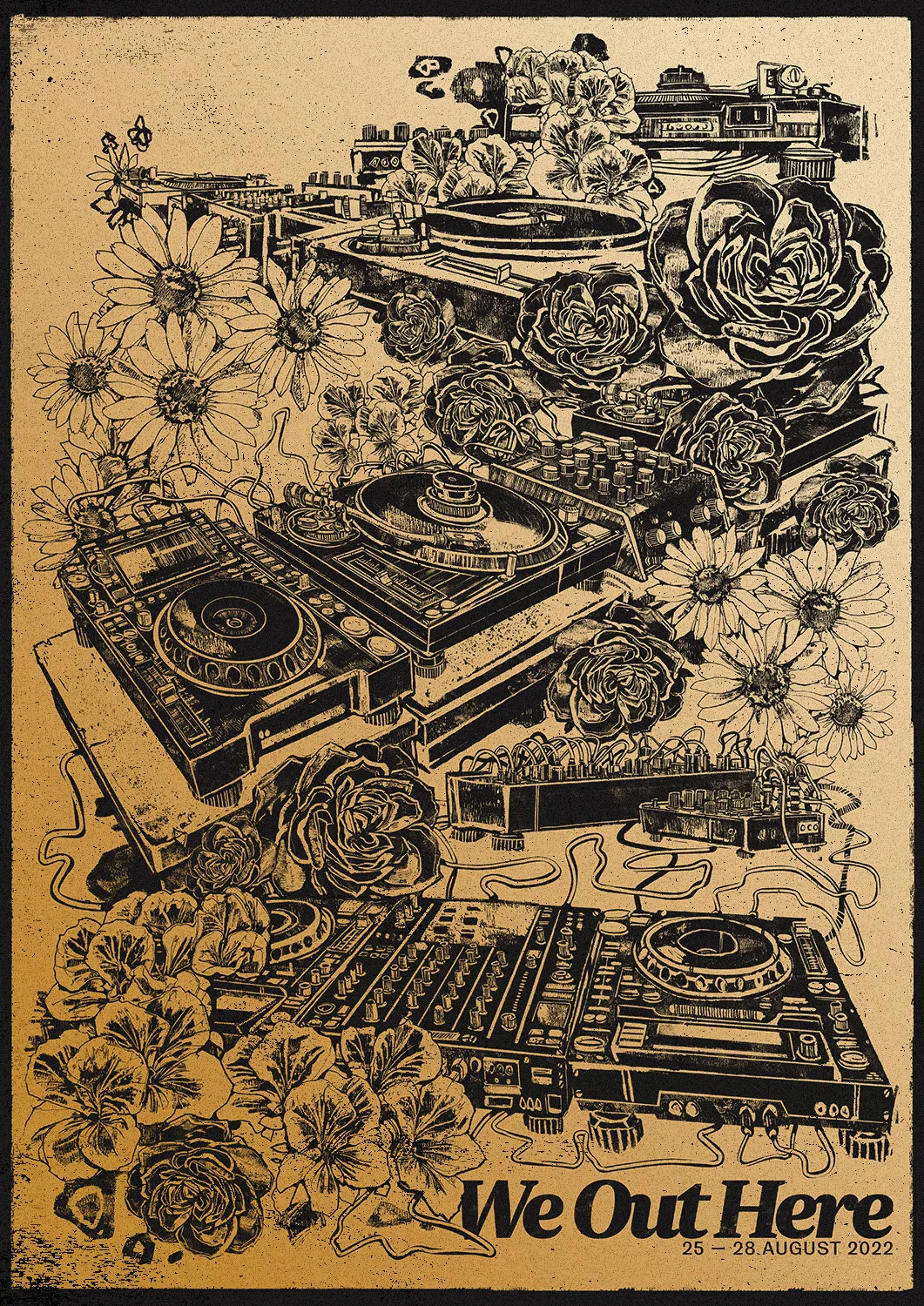 The 2022 poster printed in black on gold: decks and turntables tangled with flowers.