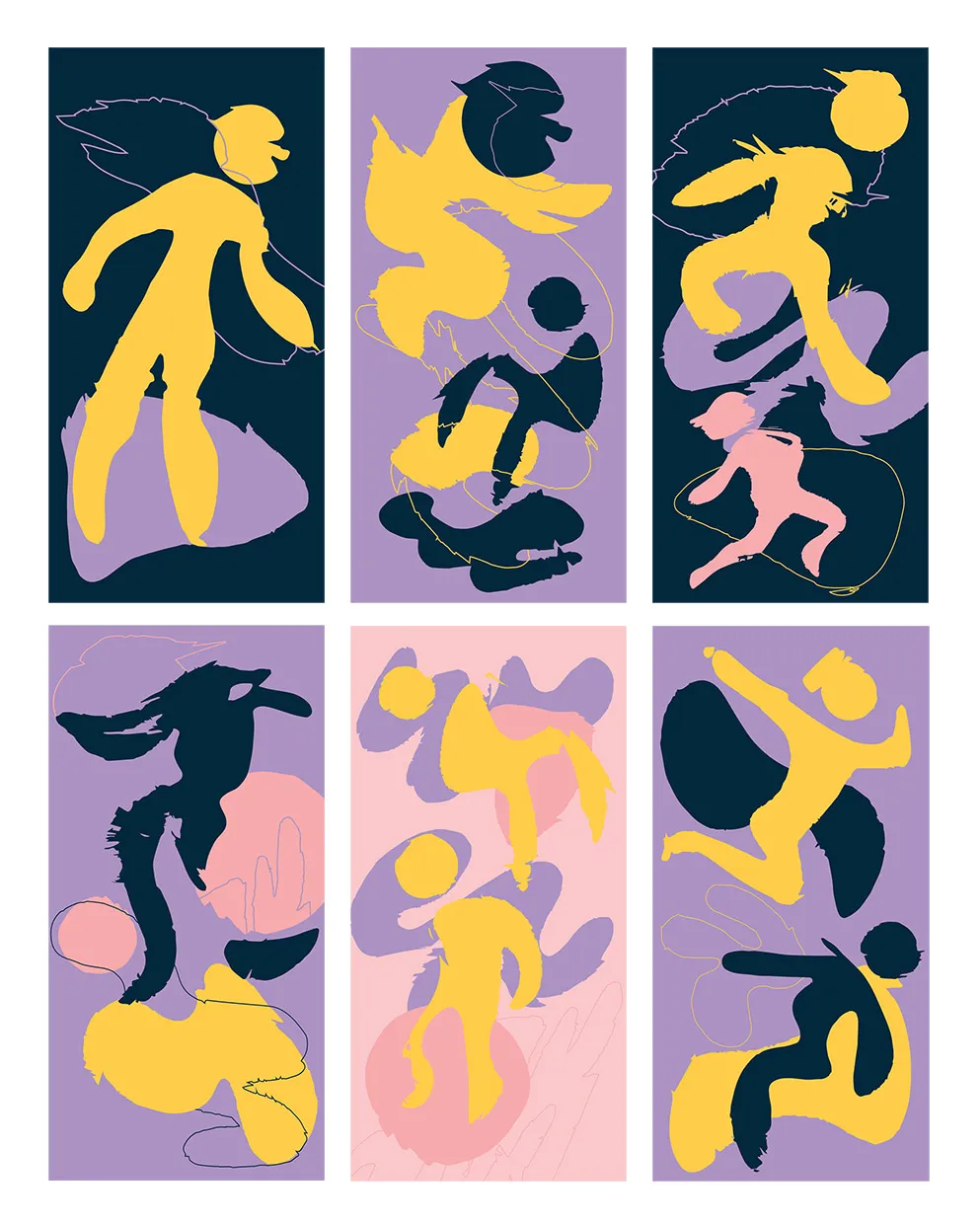Six panels of flat yellow, navy, lilac and pink figures dancing.