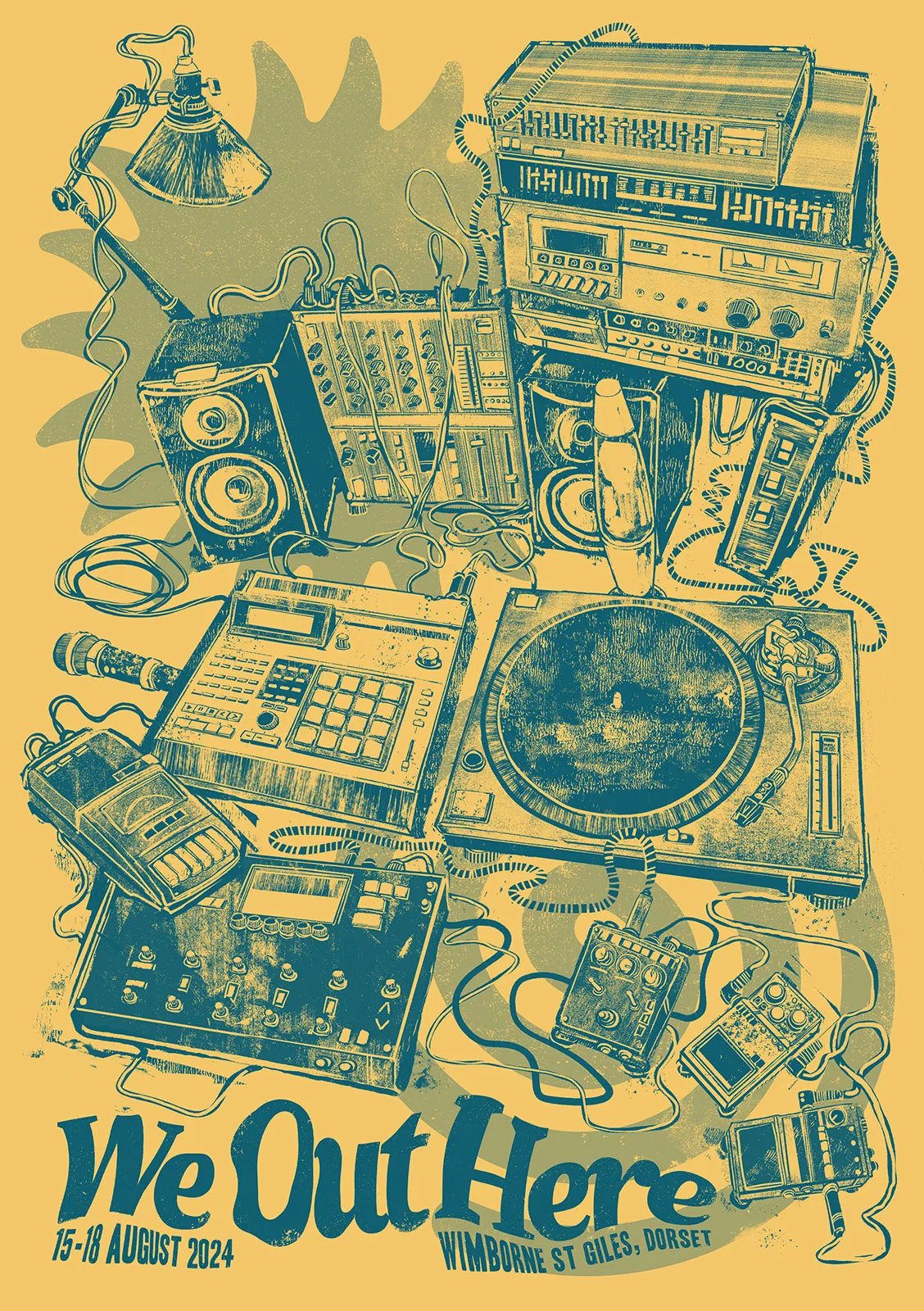 Flyer drawn in teal on yellow: samplers, decks, speakers and a microphone piled together.