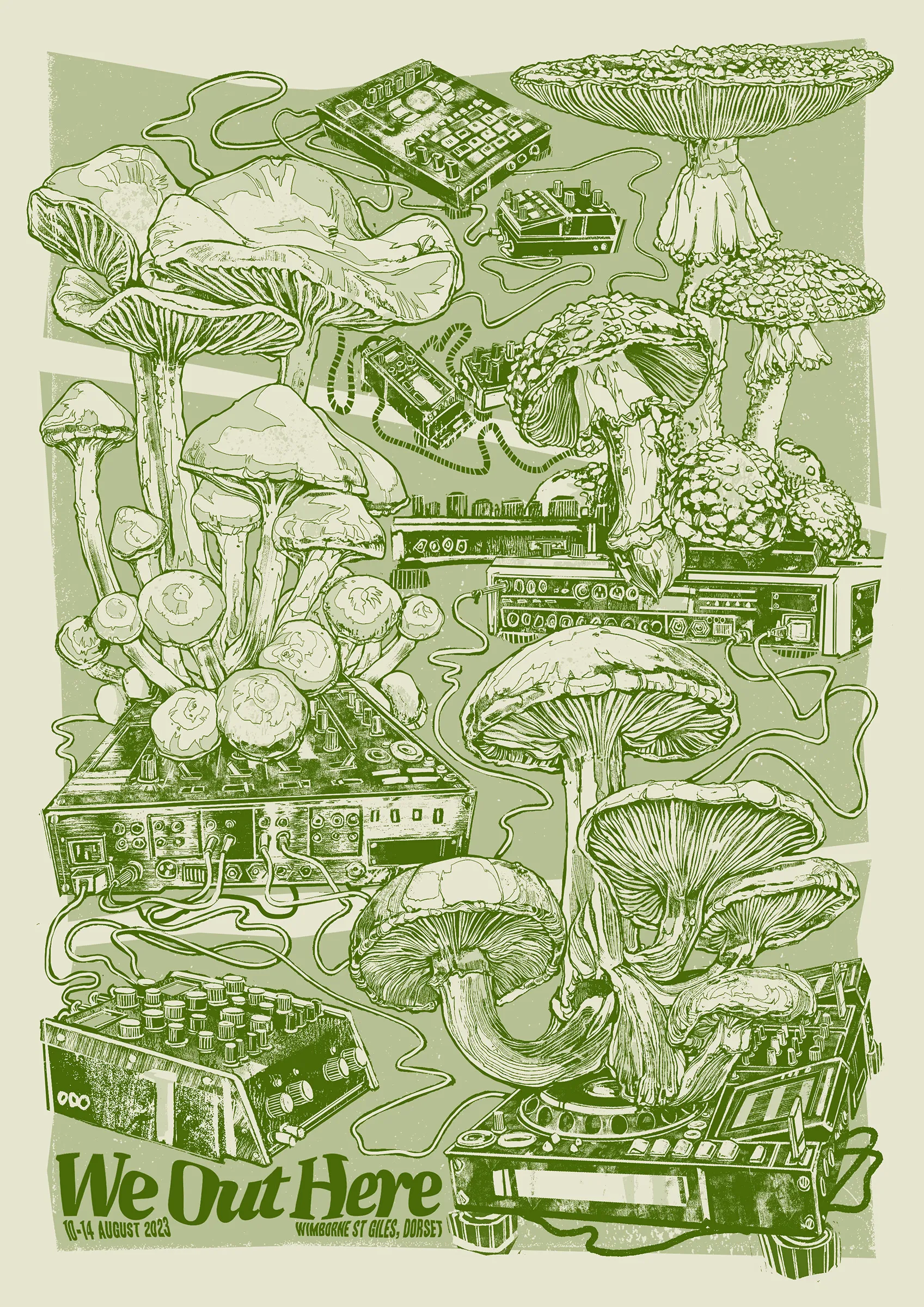 Flyer drawn in olive green on pale grey: giant mushrooms growing among synthesisers and drum machines.