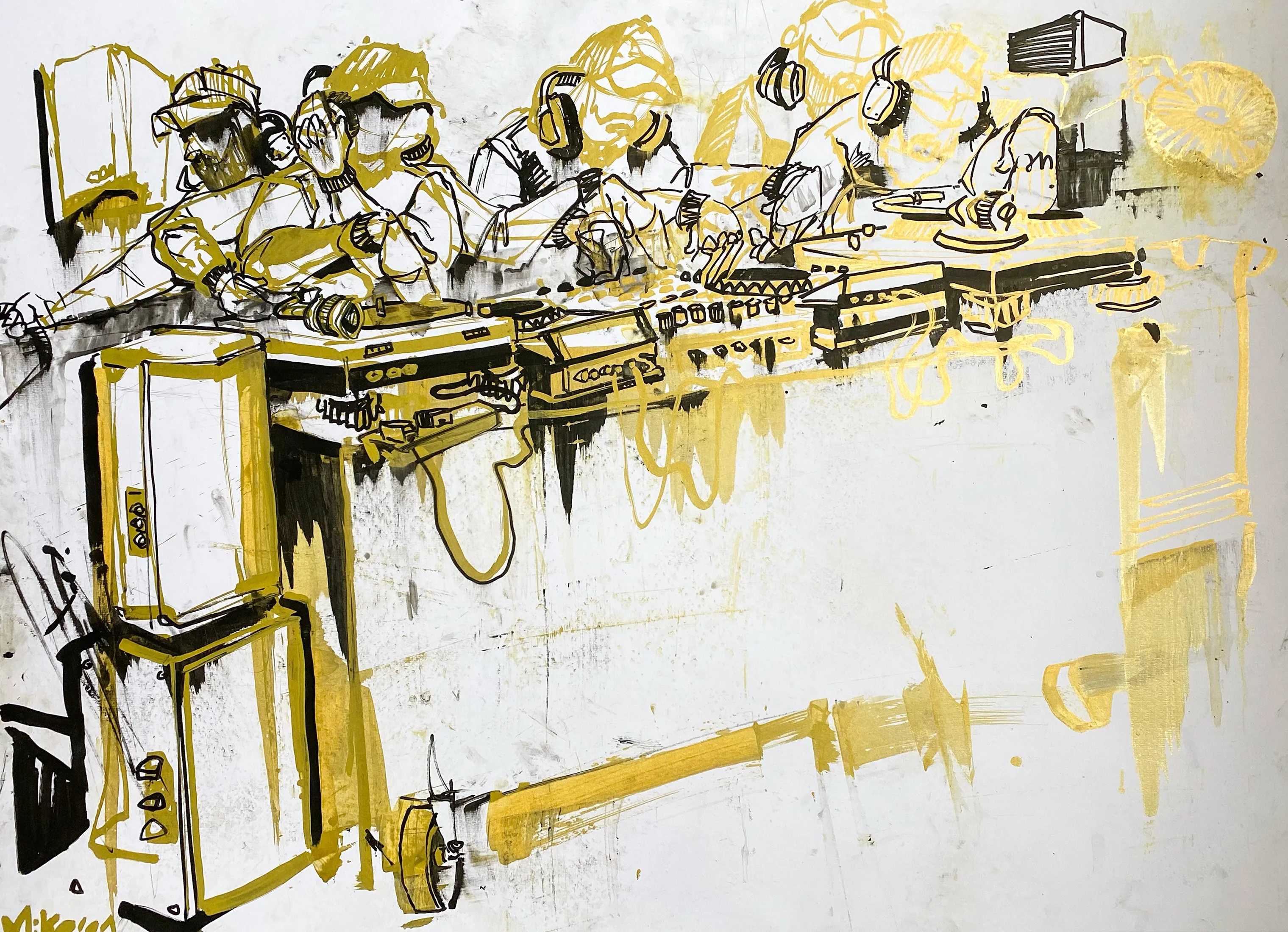 A live drawing in black and yellow paint on a white board: DJs at the decks above a crowd.