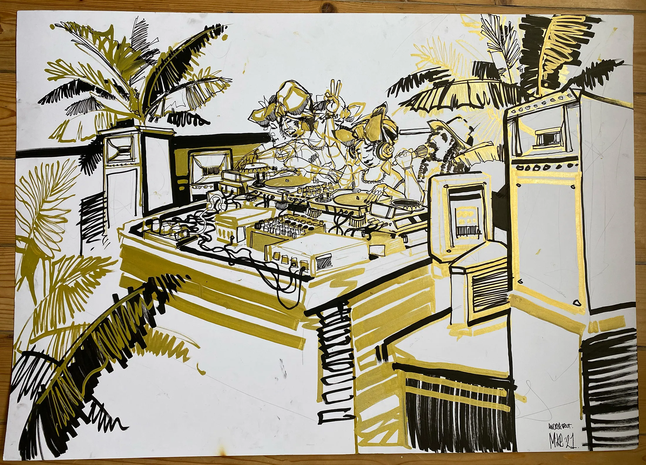 A live drawing in black and ochre on white: a stage among palm trees, drawn on site.