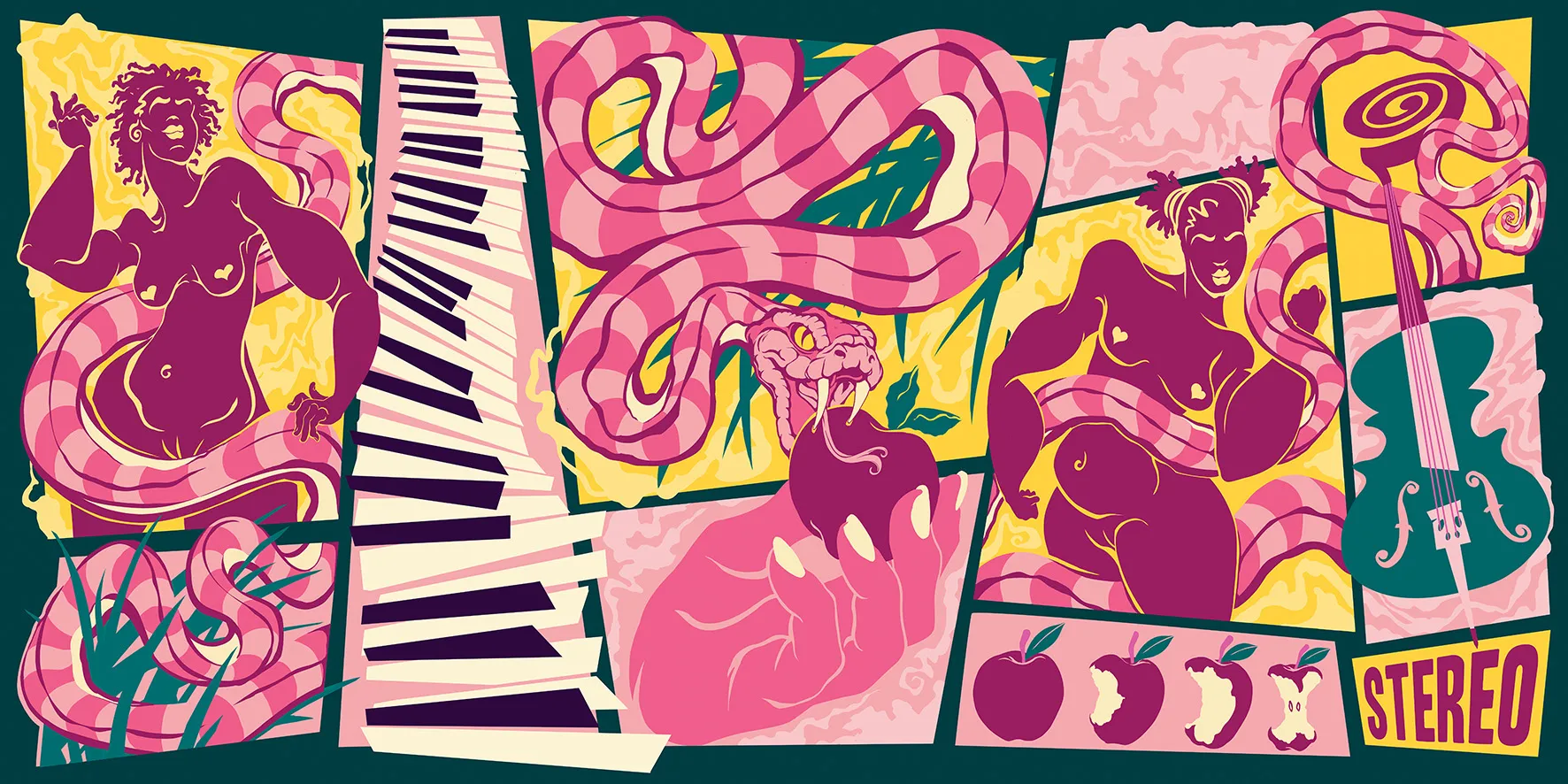 A long mural in pinks and dark green: dancers, a snake, a piano keyboard and a guitar in comic-strip panels.