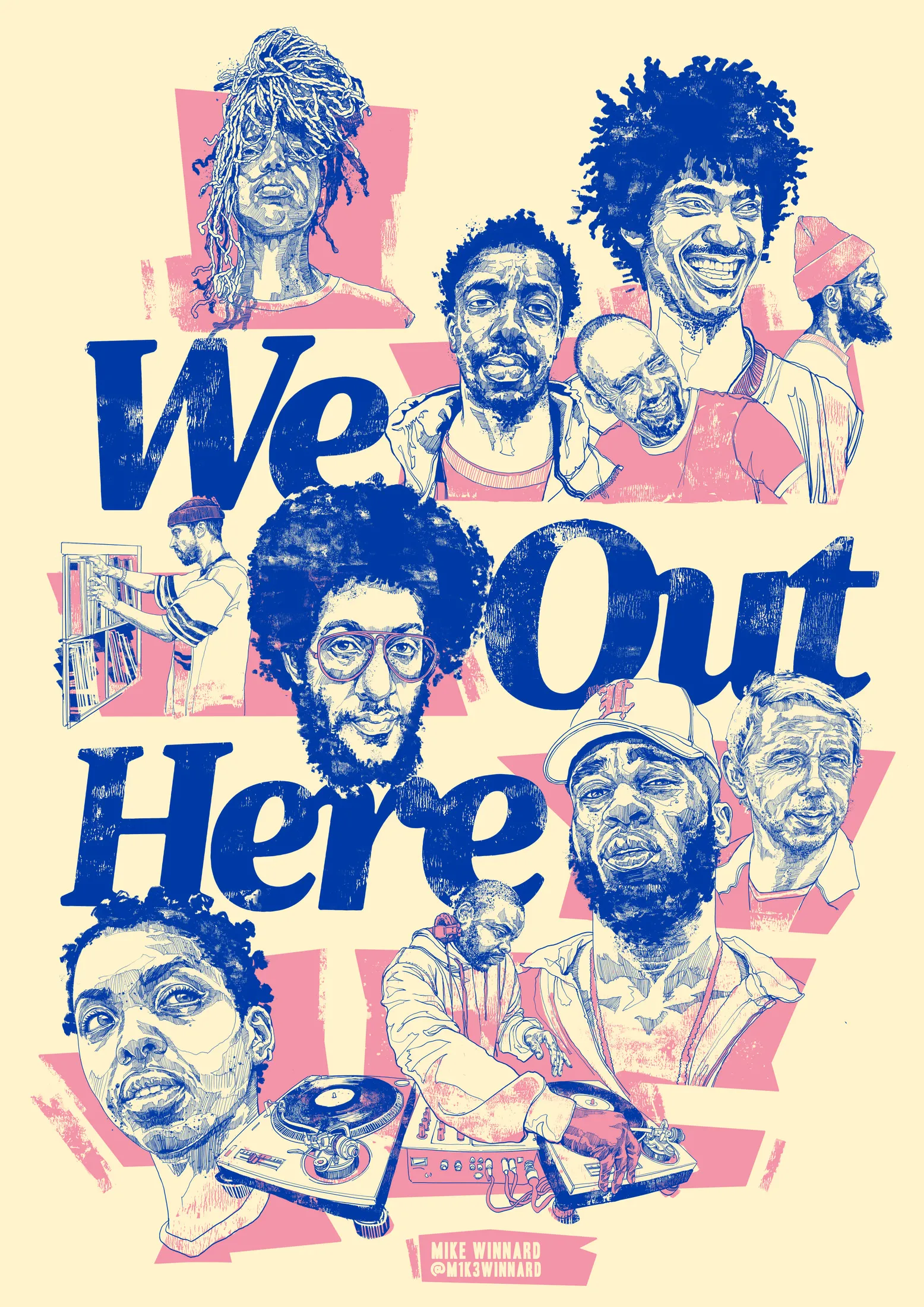 The 2019 poster: portraits of the line-up drawn in blue with pink highlights around the festival name.