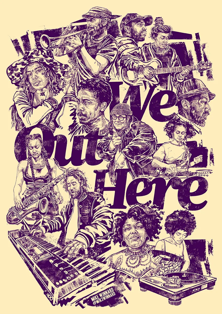 The 2021 poster: musicians drawn in purple, wrapped around big "We Out Here" lettering.