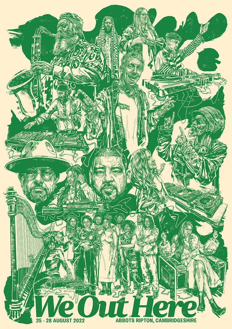 The 2022 poster: musicians, a harp and a turntable drawn in green on cream.