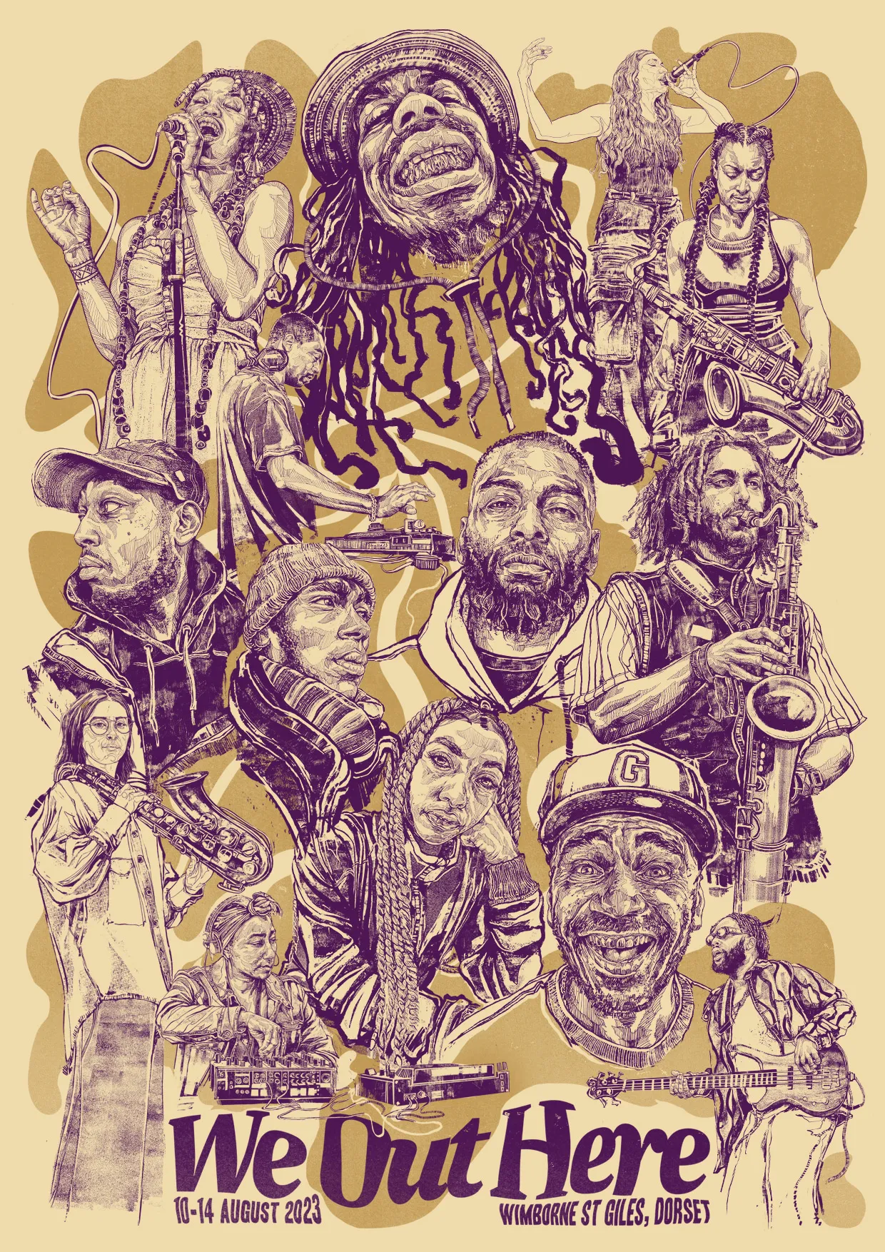 The 2023 poster: a crowd of artists drawn in purple over golden shapes.
