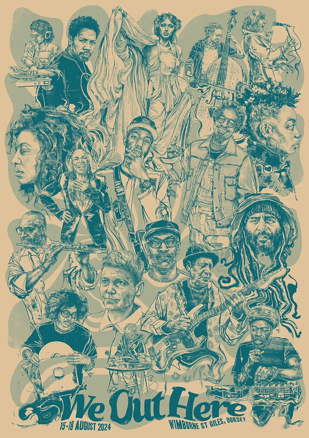 The 2024 poster: artists and musicians drawn in teal on a sand-coloured ground.