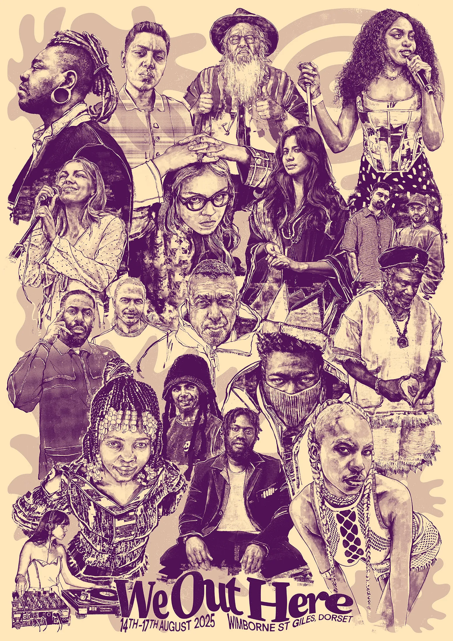 The 2025 poster: festival artists drawn in deep purple on a pale pink ground.