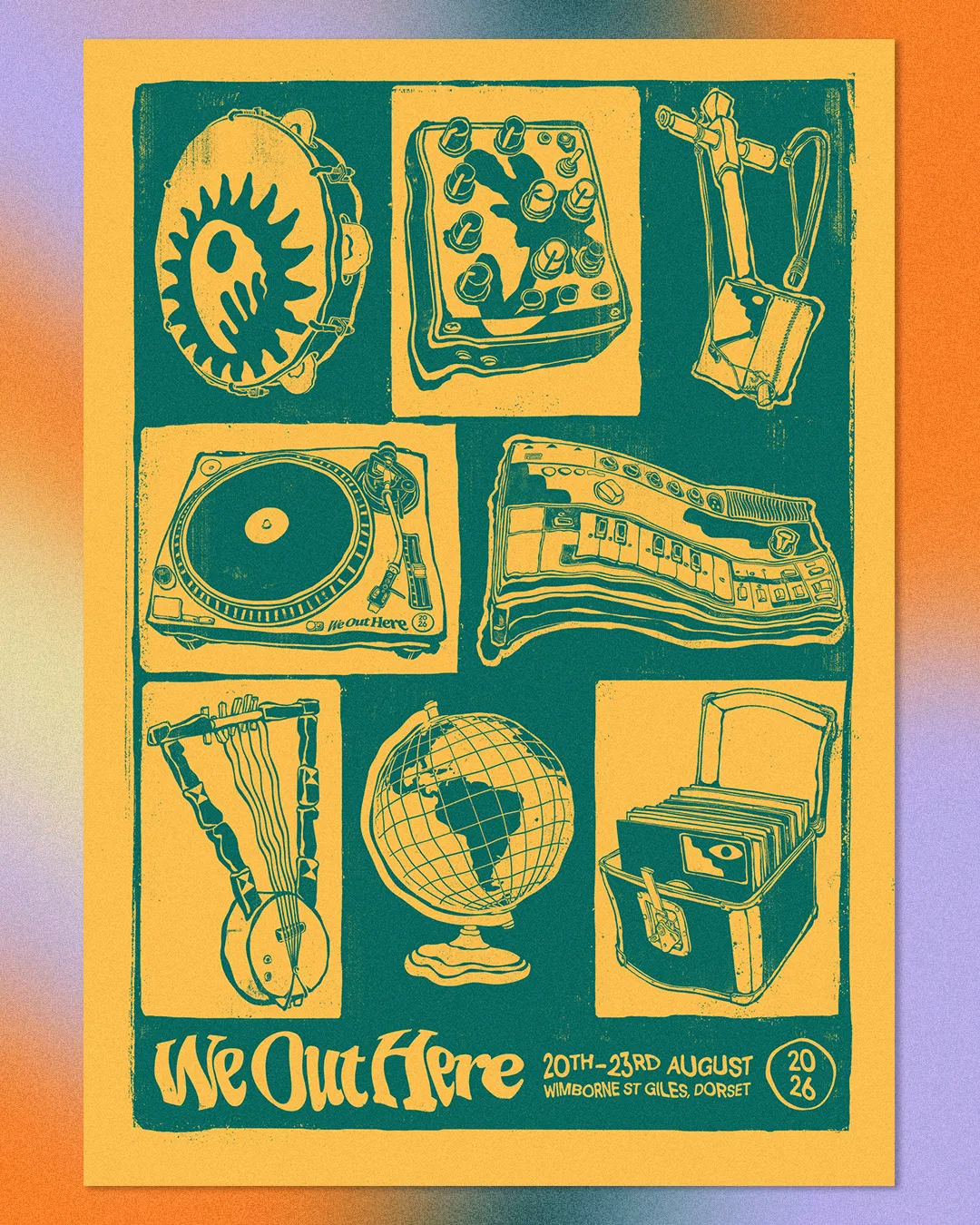 A second 2026 poster: a grid of drawn objects — turntable, globe, record box, sound system — in teal on yellow, framed by an orange and lilac gradient.