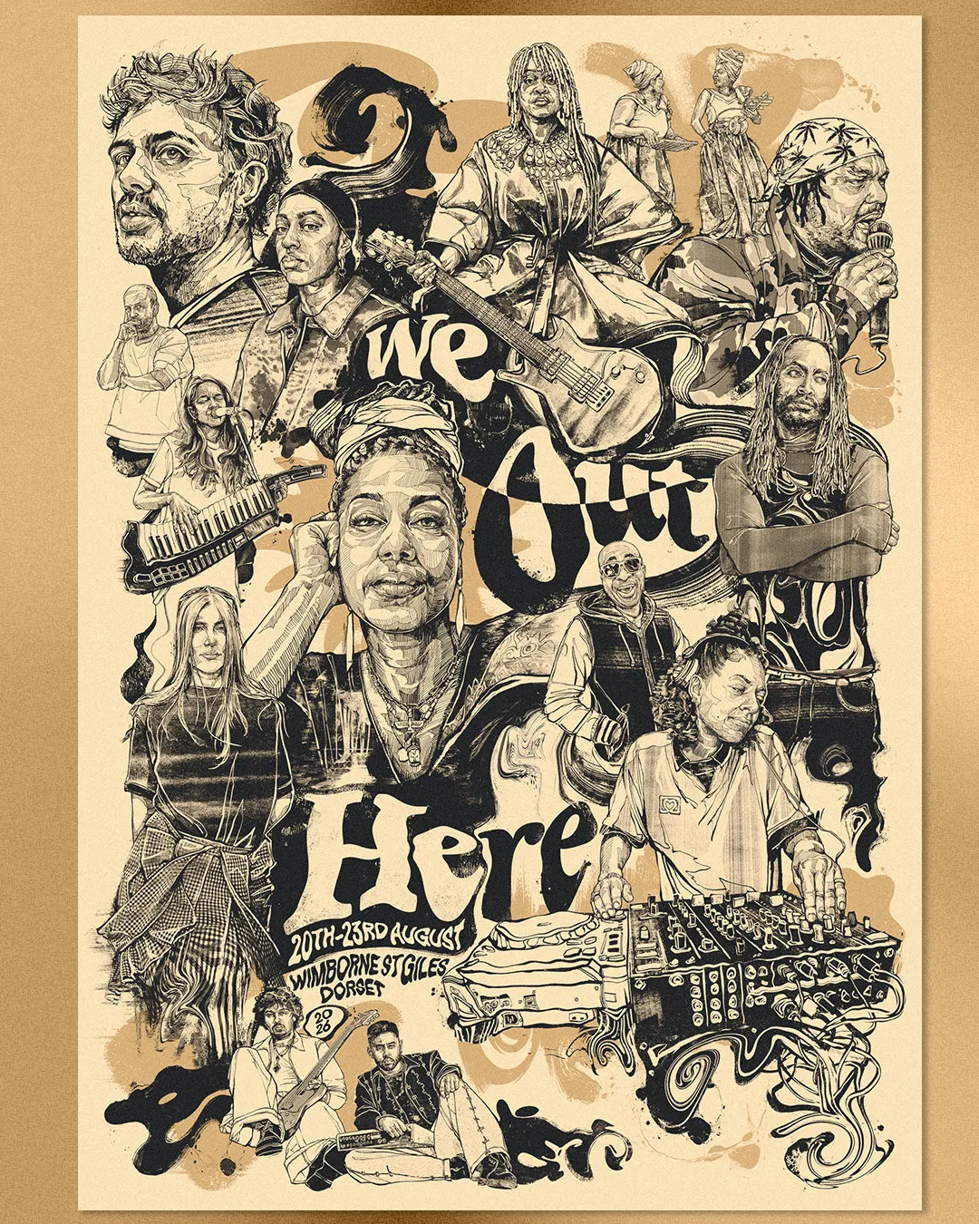The 2026 We Out Here poster: a crowd of the festival's artists drawn in sepia ink around hand-lettered 'We Out Here' on cream.